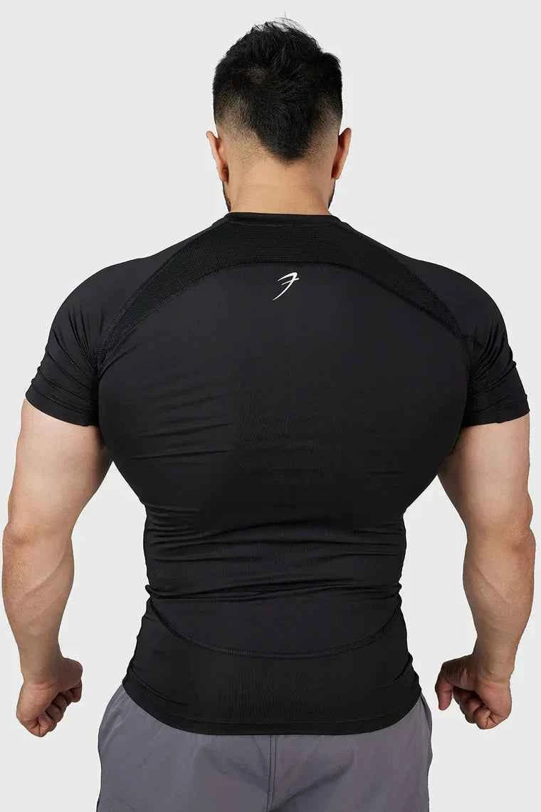 Fuaark Nz black compression T-shirt for men, designed for ultimate performance and comfort during athletic activities.
