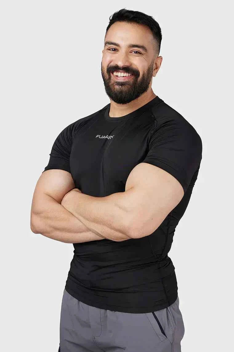 Fuaark Nz black compression T-shirt for men, designed for ultimate performance and comfort during workouts.