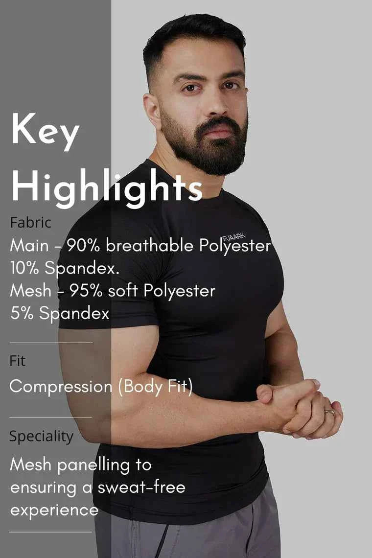 Black compression T-shirt by Fuaark Nz, designed for ultimate performance and comfort, shown on a plain background.