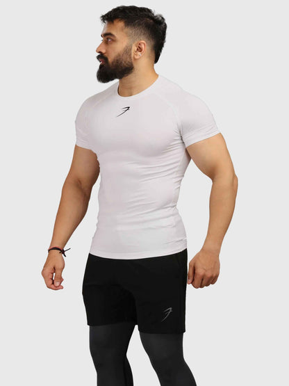 White Fuaark Nz performance compression T-shirt for athletic wear, designed to elevate your game and provide comfortable fit.