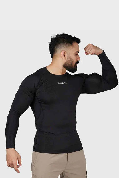 Black compression full sleeve T-shirt by Fuaark Nz, designed for athletic performance and a sleek fit.