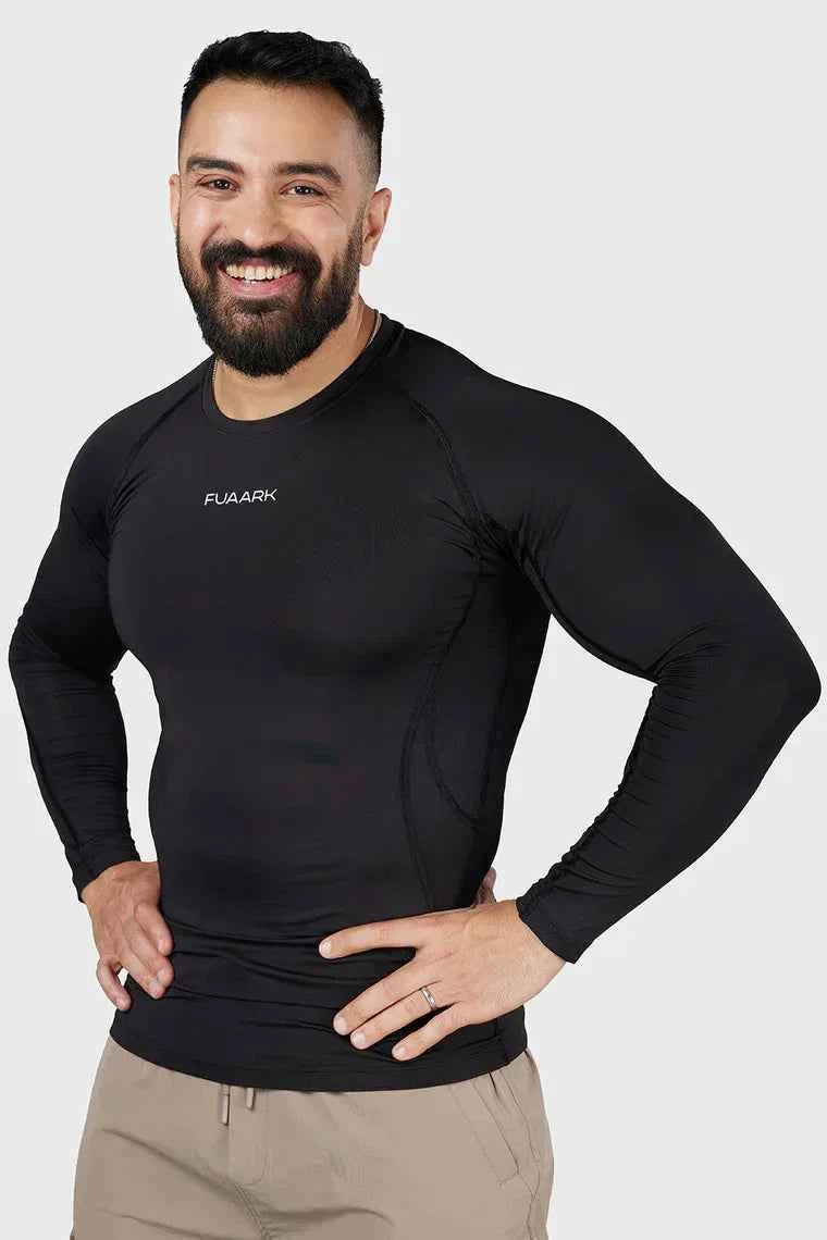 Black compression full sleeve T-shirt by Fuaark Nz, designed for athletic performance and a sleek fit.