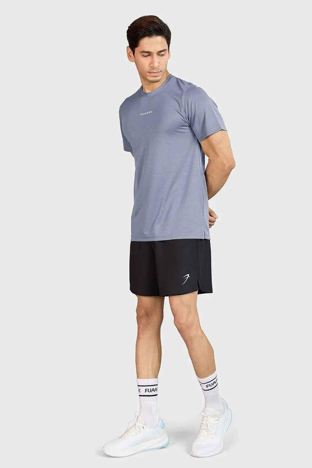Grey Fuaark Nz Slate Performance Running T-Shirt for men, designed for comfort and active wear during runs.