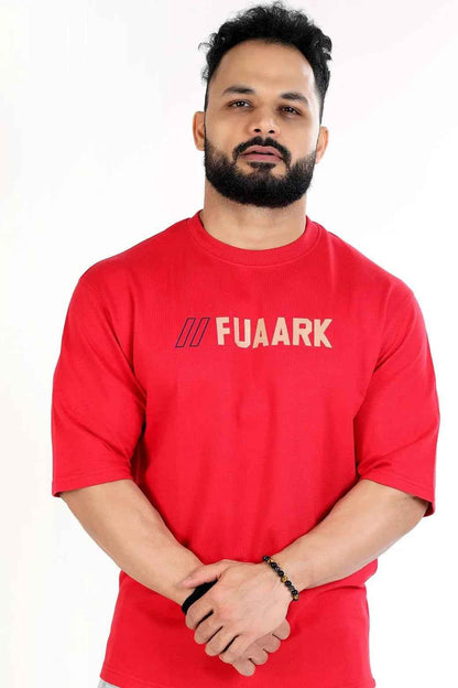 Fuaark Nz oversized red T-shirt for men, casual fit with soft fabric, ideal for comfortable everyday wear.