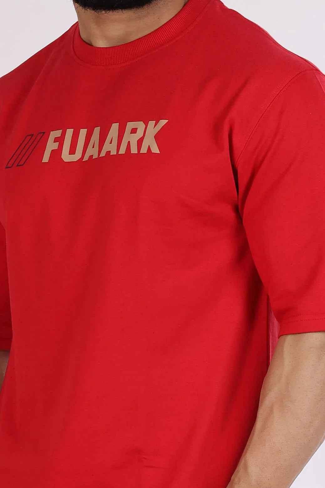 Fuaark Nz oversized red T-shirt for men, featuring a relaxed fit and soft fabric for ultimate comfort.