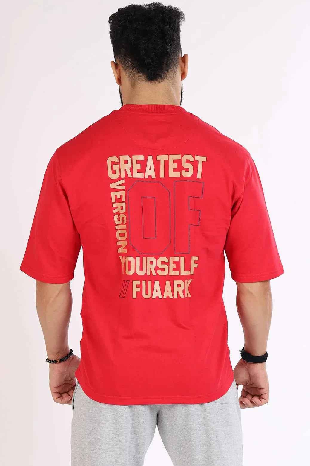 Fuaark Nz oversized red T-shirt for men, featuring a relaxed fit and soft fabric for ultimate comfort.