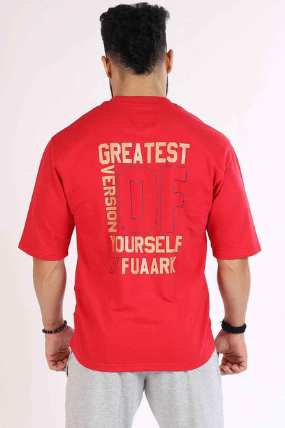 Fuaark Nz oversized red T-shirt for men, featuring a relaxed fit and soft fabric for ultimate comfort.