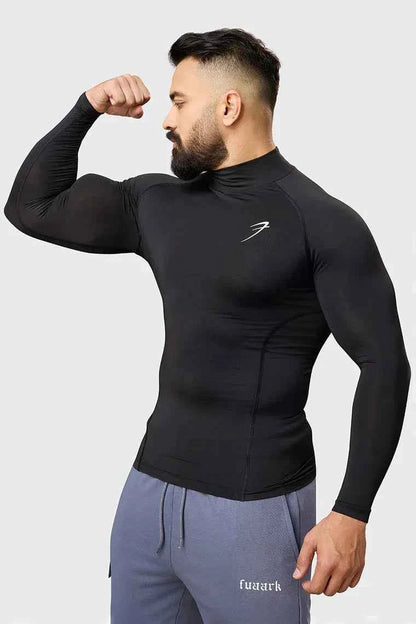 Black high neck compression T-shirt by Fuaark Nz with full sleeves, designed for performance and athletic wear.