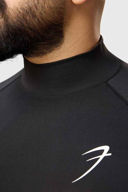 Black high neck compression T-shirt by Fuaark Nz featuring full sleeves, designed for performance wear and athletic support.