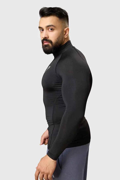 Black high neck compression T-shirt by Fuaark Nz with full sleeves, designed for performance and athletic wear.