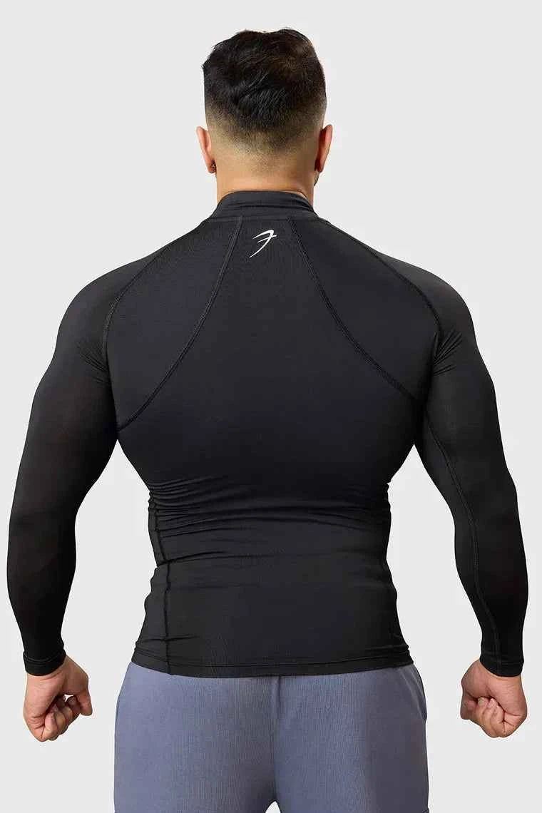 Black high neck compression T-shirt by Fuaark Nz with full sleeves, designed for performance and athletic wear.