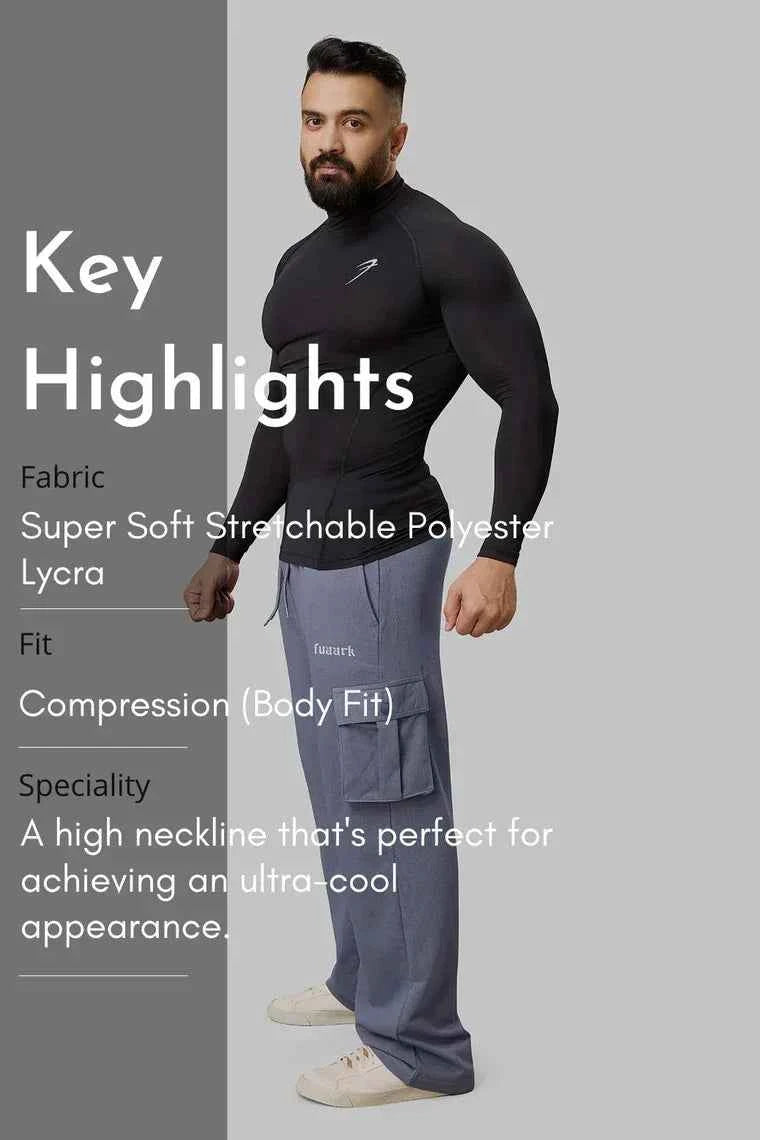Black high neck compression T-shirt by Fuaark Nz with full sleeves, designed for performance and athletic wear.