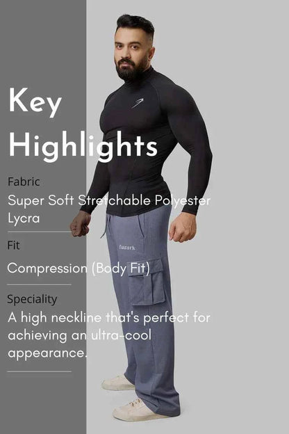 Black high neck compression T-shirt by Fuaark Nz with full sleeves, designed for performance and athletic wear.