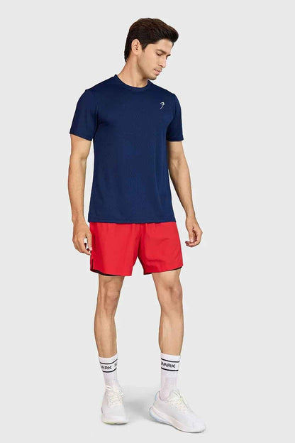 Navy high-performance running T-shirt by Fuaark Nz, designed for comfort and athletic activity, shown on a plain background.