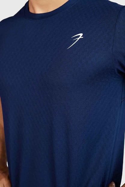 Navy high-performance running T-shirt by Fuaark Nz, designed for comfort and active wear, shown on a mannequin.