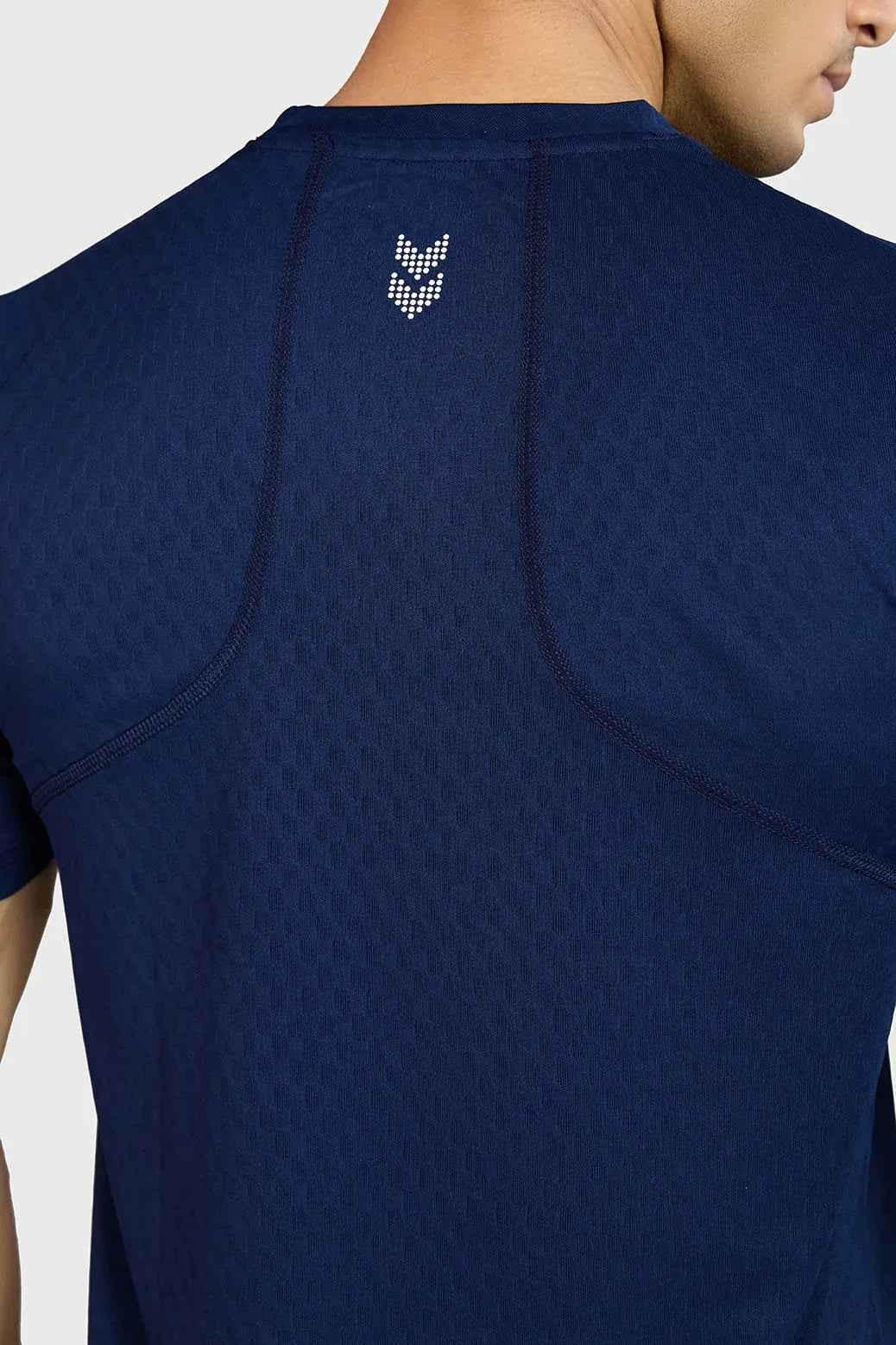 Navy high-performance running T-shirt by Fuaark Nz, made for comfort and athletic activity, shown on a mannequin.