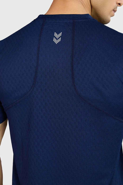 Navy high-performance running T-shirt by Fuaark Nz, made for comfort and athletic activity, shown on a mannequin.