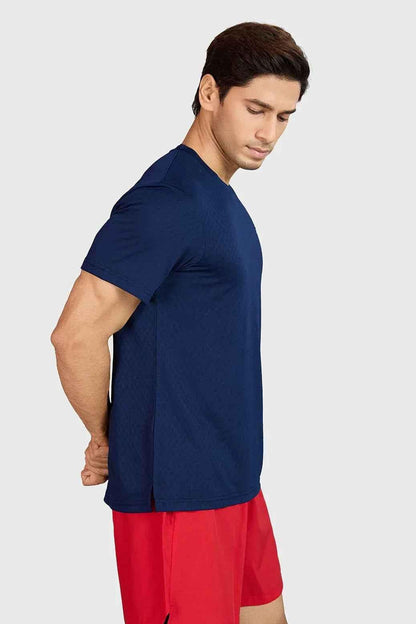 Navy high-performance running T-shirt by Fuaark Nz, designed for comfort and athletic activity, shown on a mannequin.