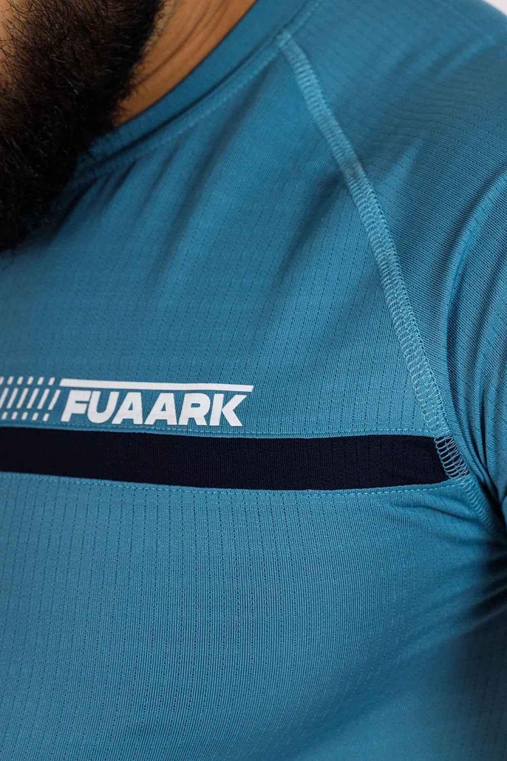 Blue Fuaark Nz lining T-shirt, casual fit, soft fabric, front view showing neckline and short sleeves.