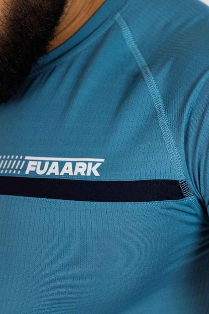 Blue Fuaark Nz lining T-shirt, casual fit, soft fabric, front view showing neckline and short sleeves.