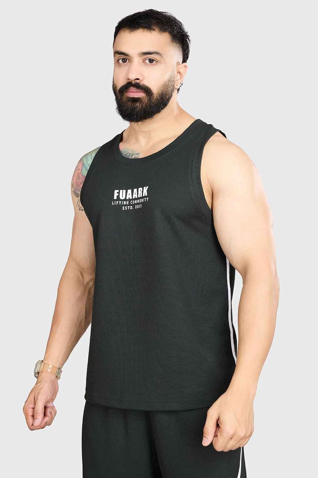 Fuaark Nz drip olive oversized tank top for men, lightweight and breathable cotton, relaxed fit, suitable for running or casual wear.
