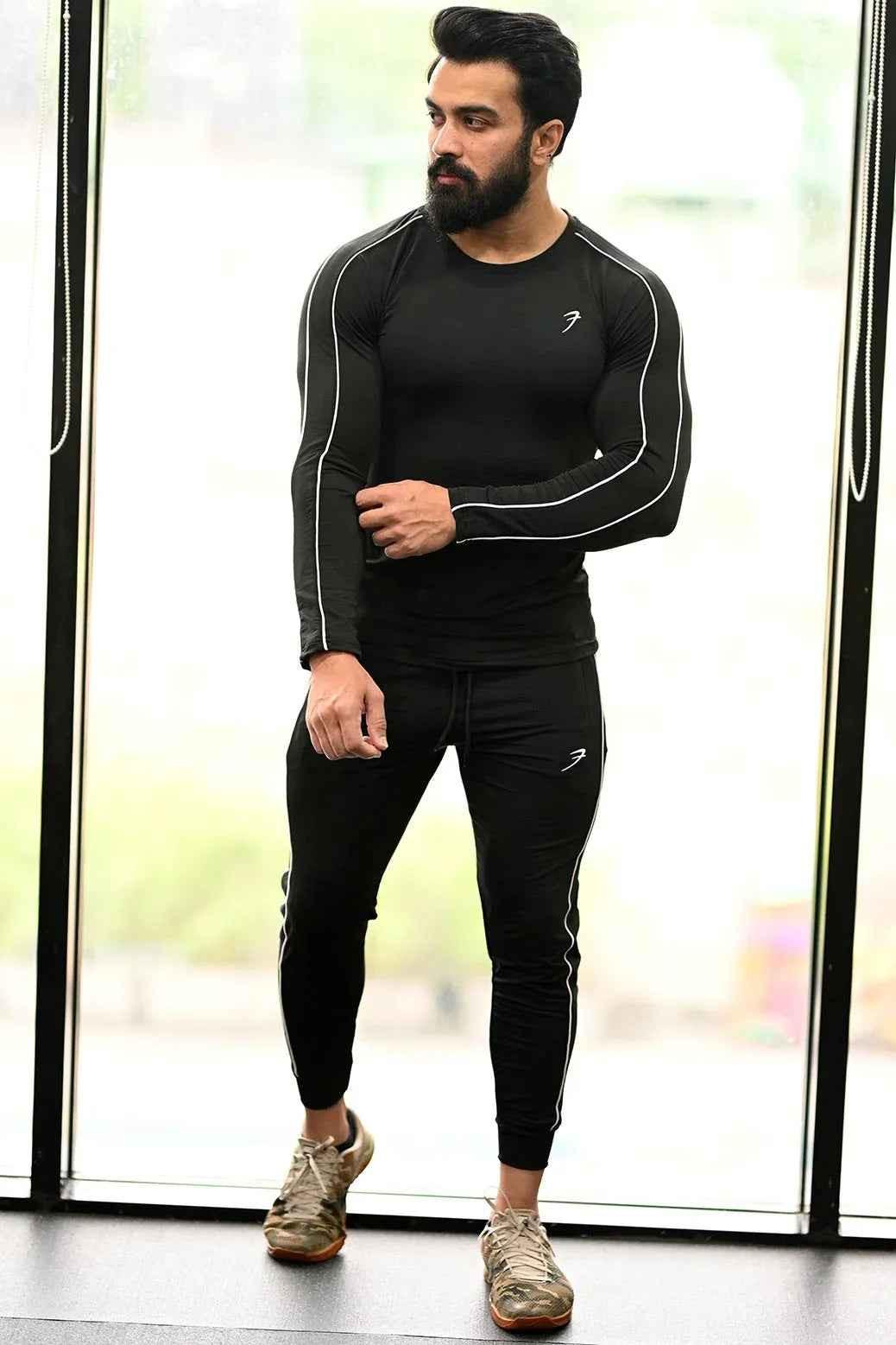 Black Revival Piping Fullsleeves T-shirt by Fuaark Nz, casual men's T-shirt with piping details and long sleeves.