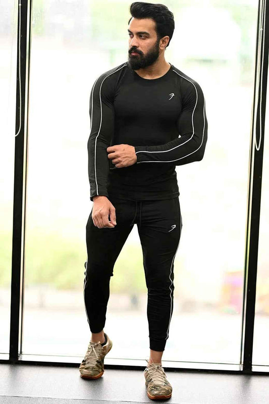 Black Revival Piping Fullsleeves T-shirt by Fuaark Nz, casual men's T-shirt with piping details and long sleeves.