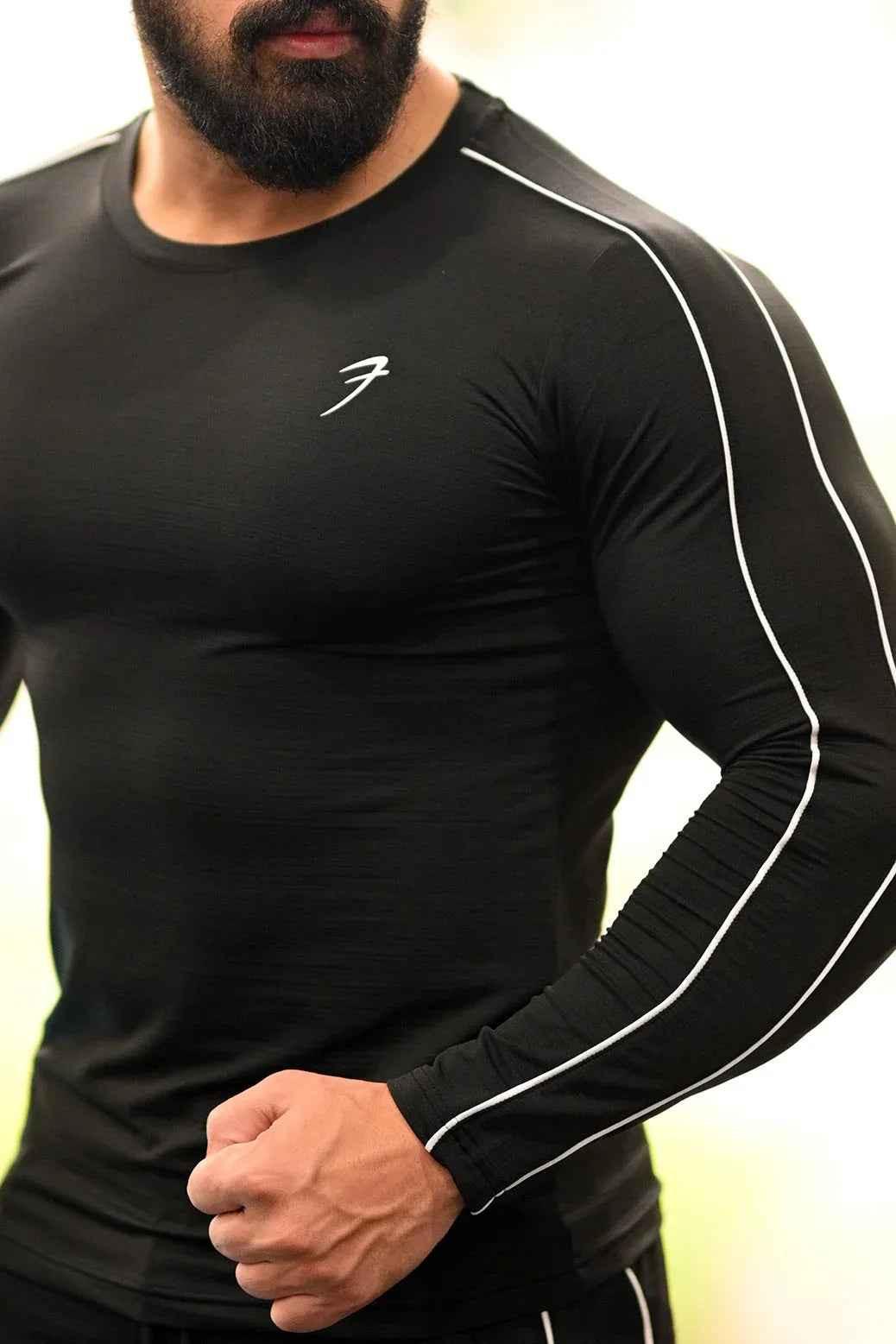 Black Revival Piping Fullsleeves T-shirt by Fuaark Nz, featuring piping details and a comfortable fit.