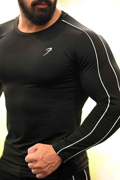Black Revival Piping Fullsleeves T-shirt by Fuaark Nz, featuring piping details and a comfortable fit.