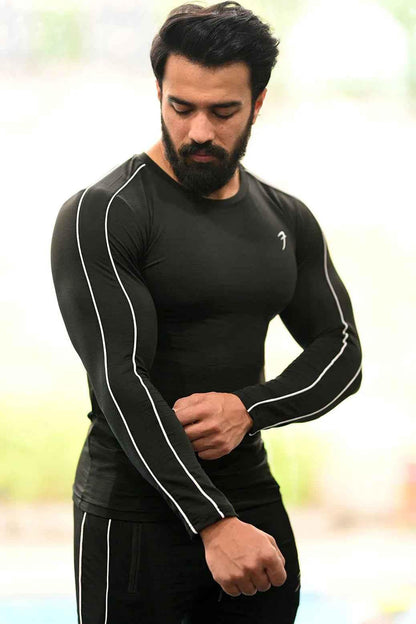 Black Revival Piping Fullsleeves T-shirt by Fuaark Nz, featuring piping details and a comfortable full-sleeve design.