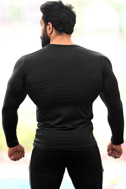 Black Revival Piping Fullsleeves T-shirt by Fuaark Nz, showing a fitted design with piping details on the sleeves and torso.