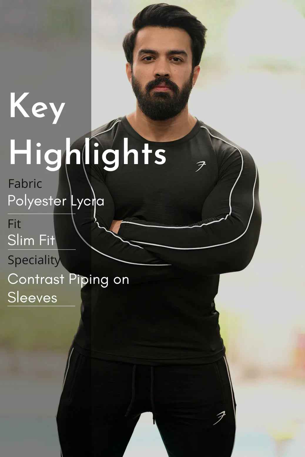Black Revival Piping Fullsleeves T-shirt by Fuaark Nz, featuring piping detail and a casual fit, shown on a model.