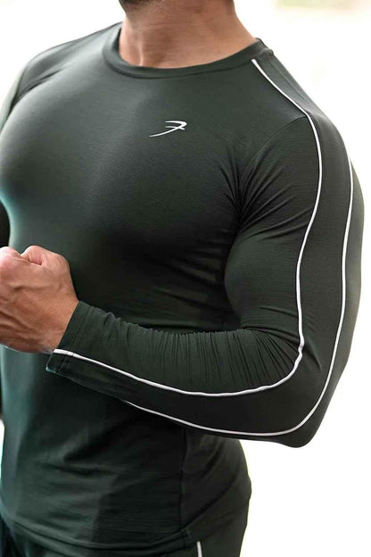 Green Revival Piping Fullsleeves T-shirt by Fuaark Nz, casual cotton T-shirt with piping detail on full sleeves.