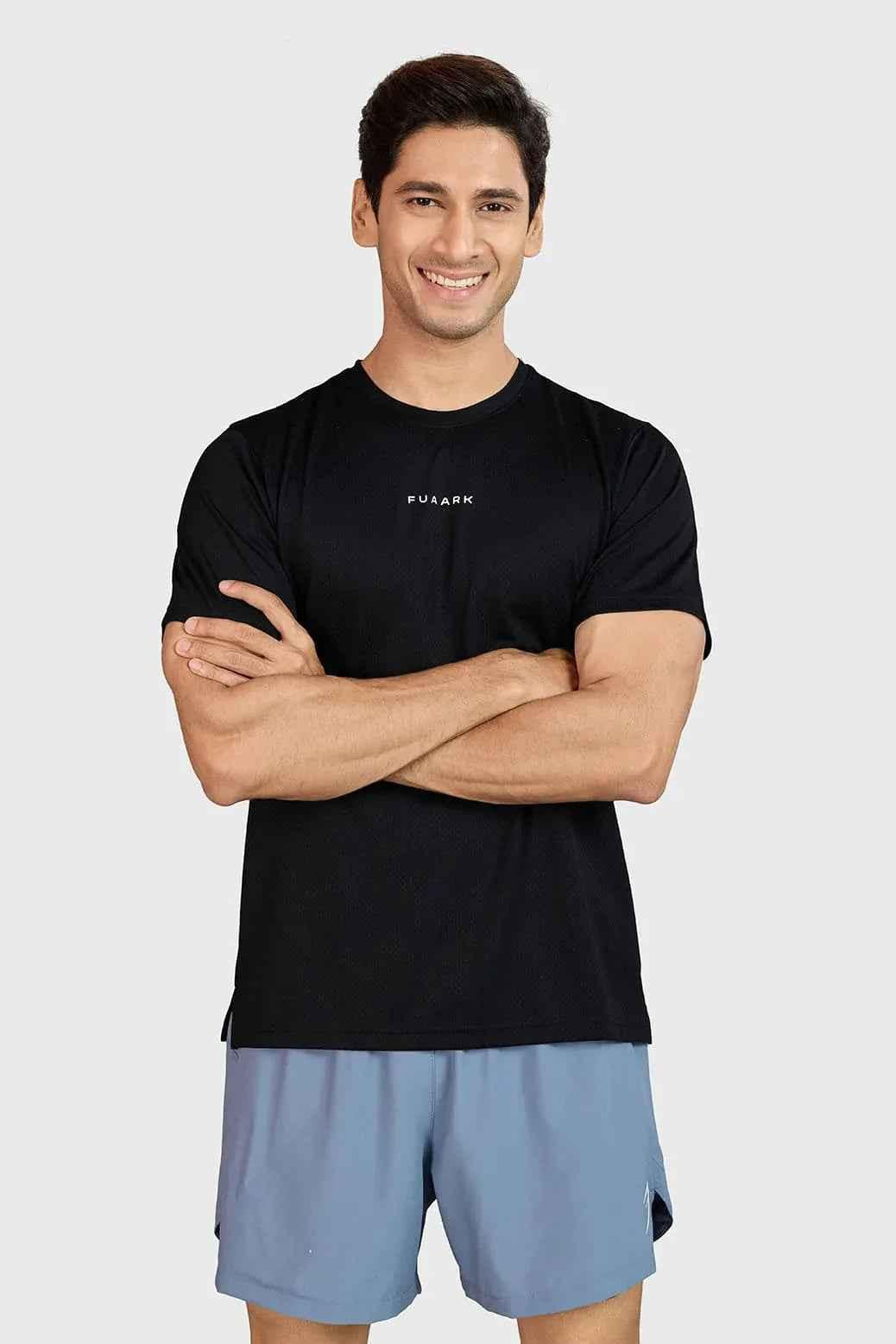 Black Slate Running T-shirt from Fuaark Nz, showcasing a comfortable fit and sleek design for activewear.