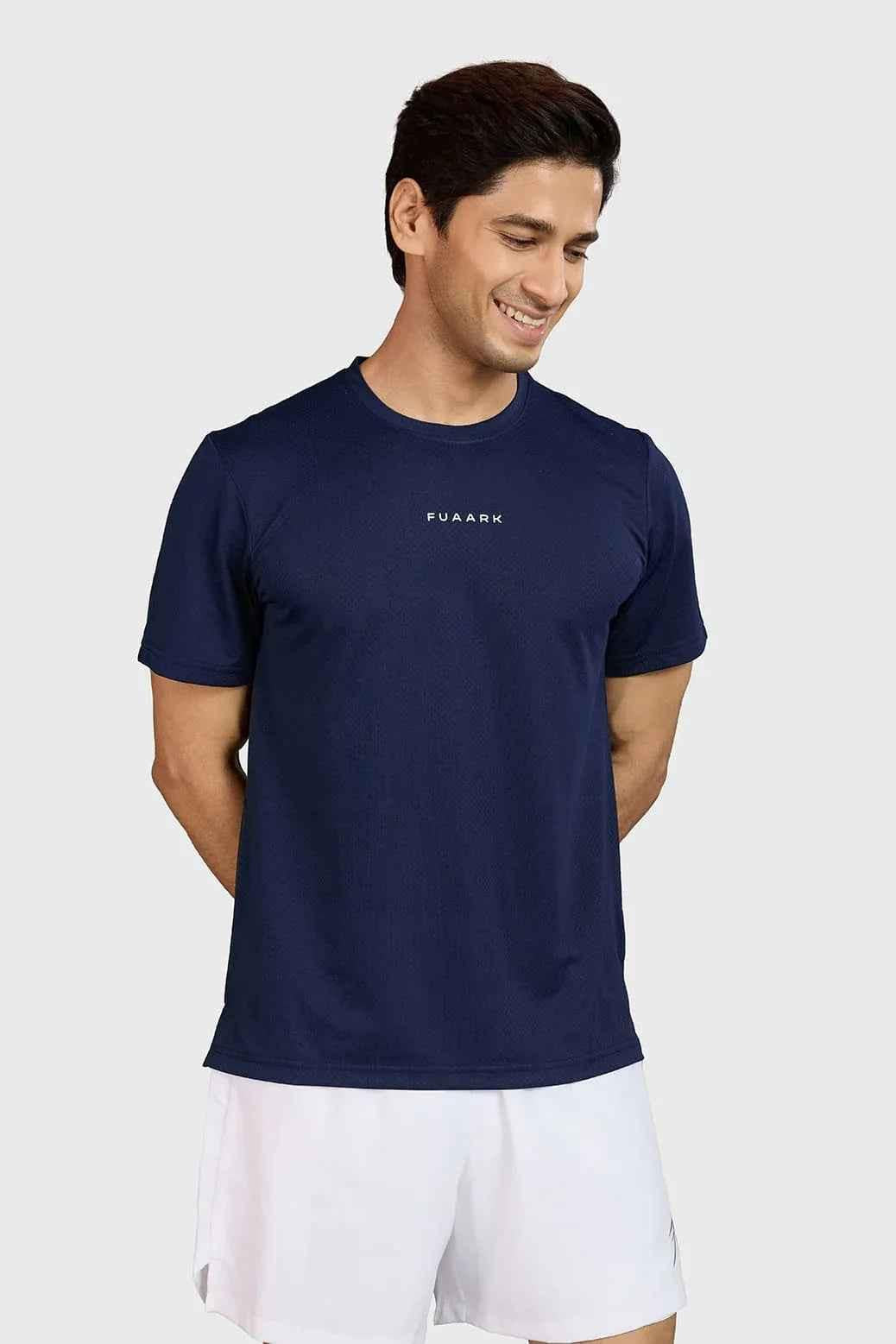 Navy Slate Running T-shirt by Fuaark Nz, made of soft fabric, featuring a comfortable fit and athletic design for active wear.