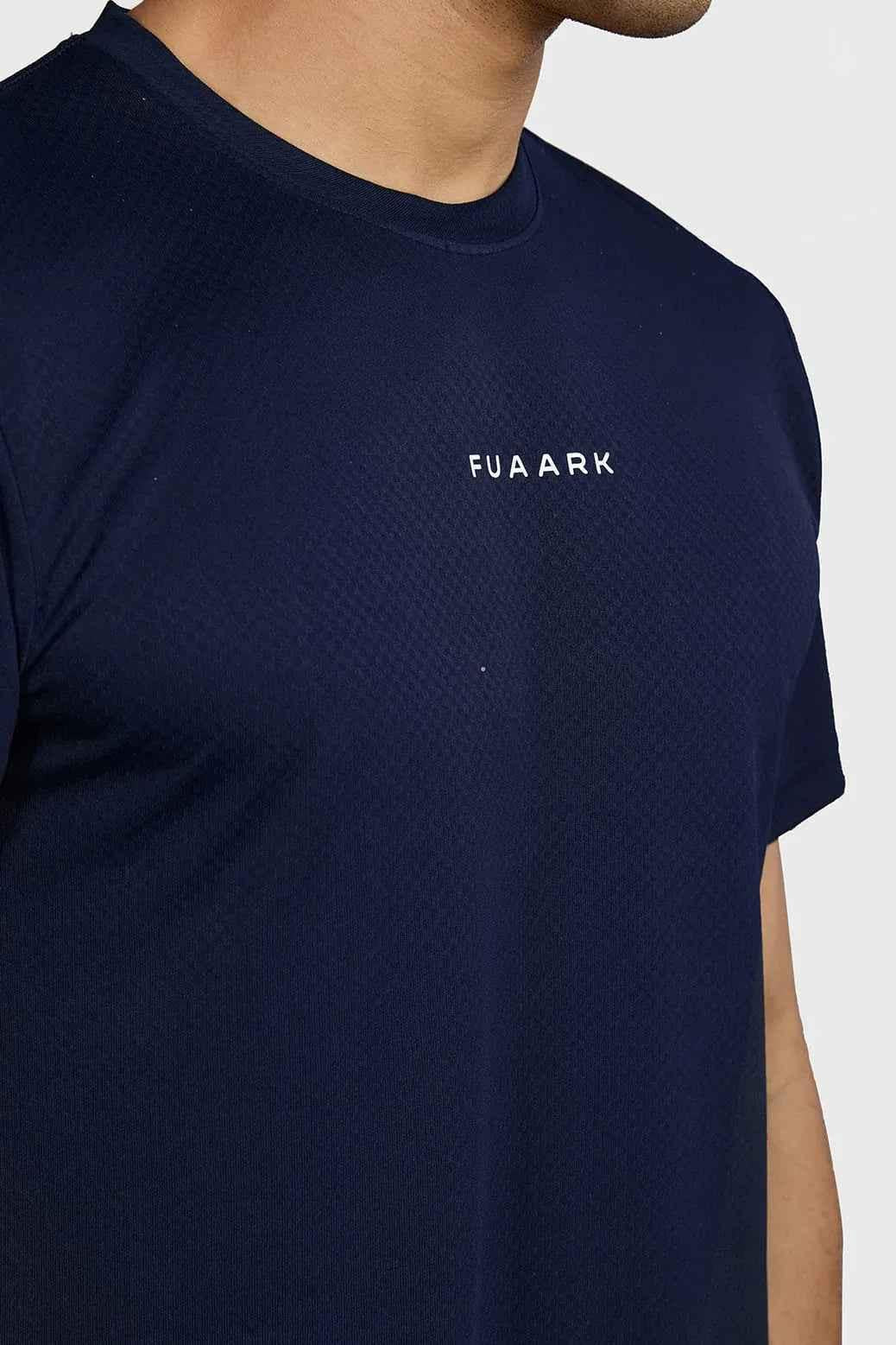 Navy slate running T-shirt from Fuaark Nz, laid flat showing its soft fabric and athletic fit design.