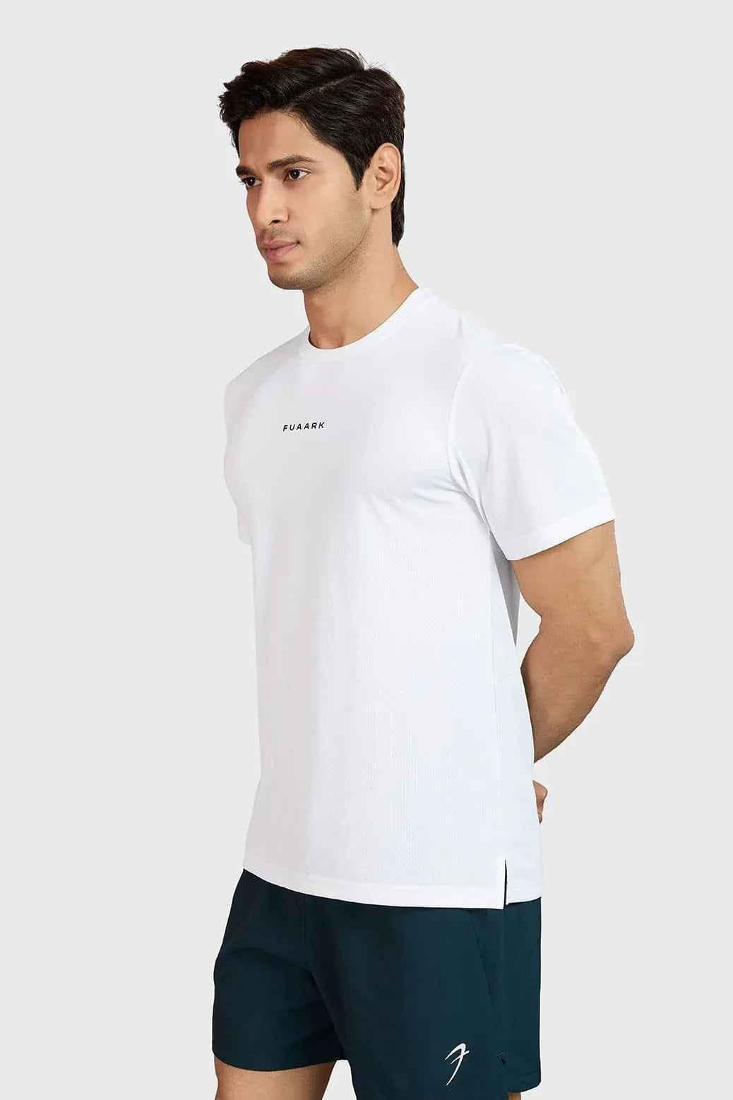 White Slate Running T-shirt by Fuaark Nz, showcasing a casual athletic style with a relaxed fit and subtle branding.