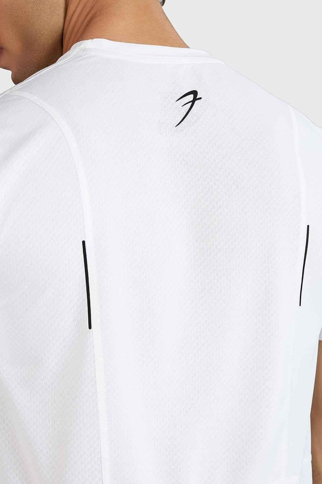 White Slate Running T-shirt by Fuaark Nz, featuring a casual design and comfortable fit, shown on a person.