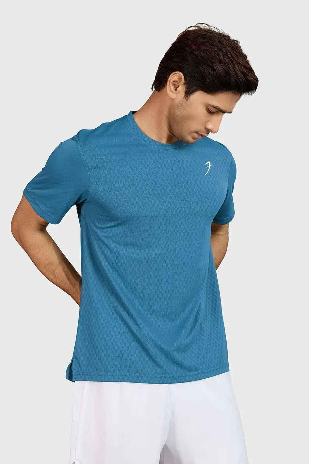 Teal Fuaark Nz Motion Running T-Shirt made of lightweight, breathable performance fabric for active comfort and sport.