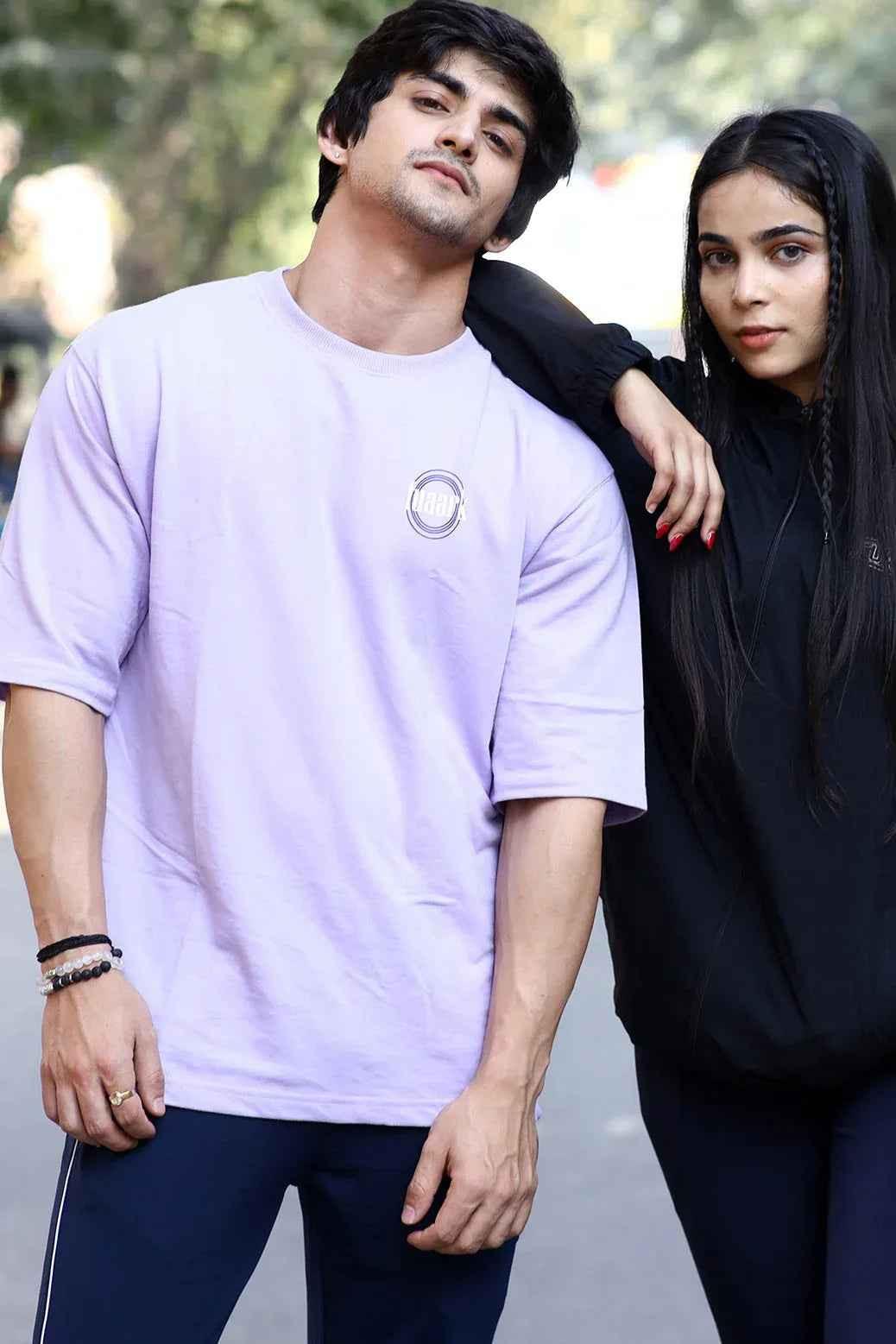Fuaark Nz Zodiac oversized lilac T-shirt featuring a relaxed fit and celestial design on soft fabric.