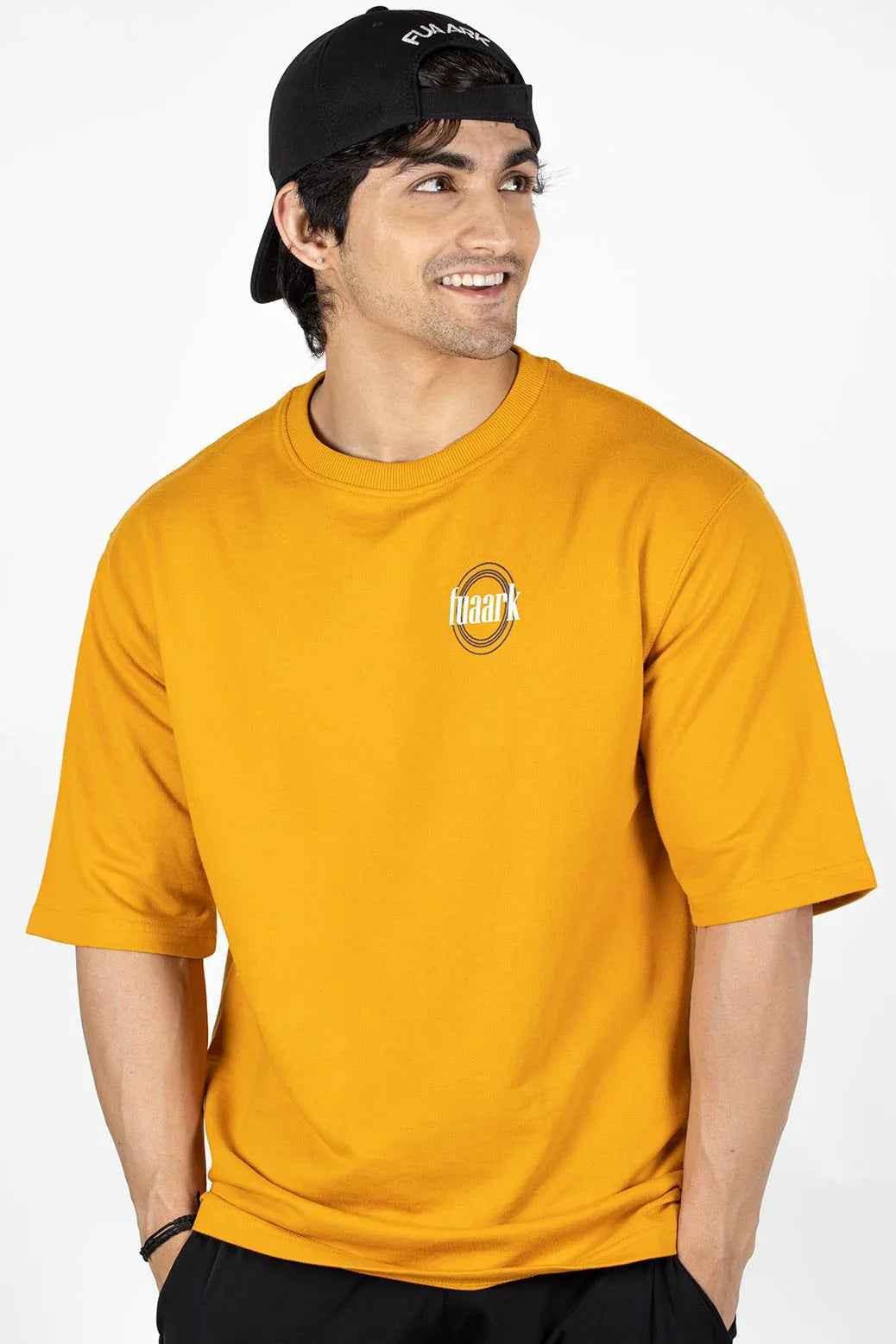 Fuaark Nz Zodiac oversized mustard T-shirt with bold graphic design, casual fit, and soft fabric for everyday wear.