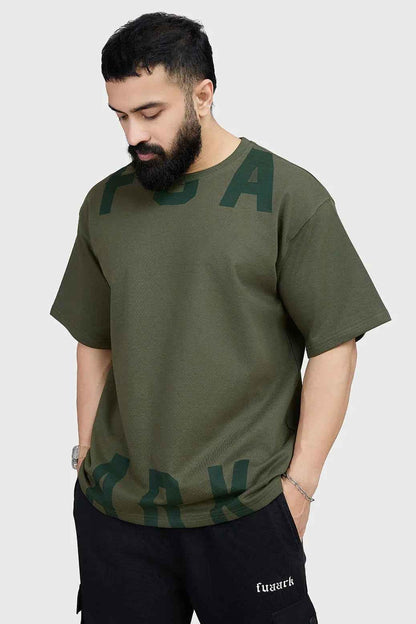 Olive oversized T-shirt by Fuaark Nz, made from soft fabric, featuring a relaxed fit and casual style.