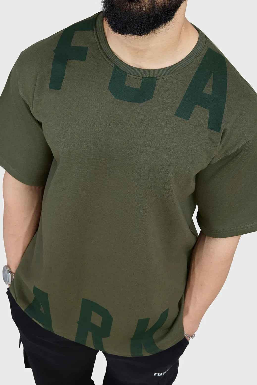 Olive green oversized T-shirt by Fuaark NZ, featuring a relaxed fit and refined style, perfect for casual everyday wear.