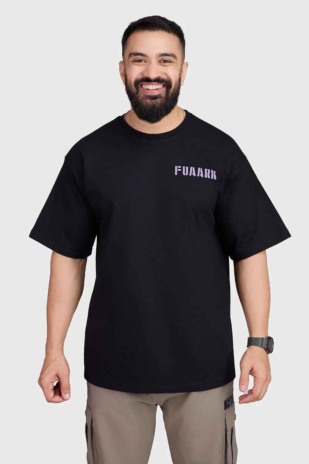 Unisex oversized black Rage T-shirt by Fuaark Nz, made for comfort and street style, shown flat on a white background.