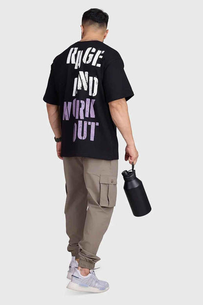 Unisex black oversized rage T-shirt by Fuaark Nz, featuring a relaxed fit and bold graphic design for casual style.