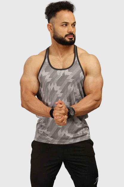 Light grey Amplify Stringer tank top by Fuaark Nz, showing a fitted sleeveless athletic top with a scoop neckline.