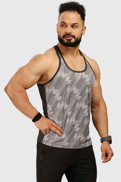 Light grey Amplify Stringer tank top by Fuaark Nz, featuring a fitted design and sleeveless style for active wear.