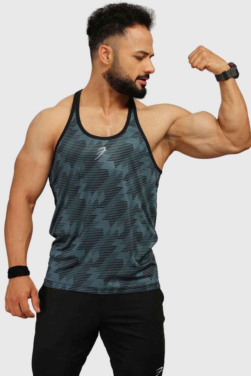 Blue Fuaark NZ Amplify Stringer Tank Top for men, high-performance workout gear, sleeveless athletic tank shirt.