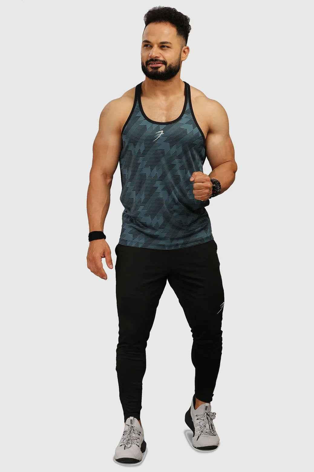 Blue Amplify Stringer Tank Top for men by Fuaark NZ, high-performance workout gear, sleeveless athletic tank.