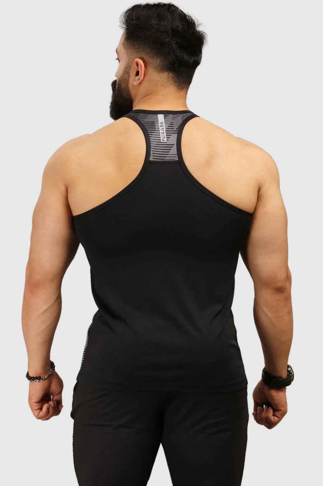 Grey Amplify Stringer Tank Top by Fuaark NZ, men's fitness performance wear with a fitted, sleeveless design for active workouts.